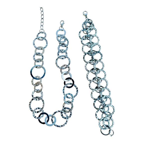 Choker Necklace Bracelet Matching Set Silver Tone Hammered Silver Tone - Picture 2 of 2